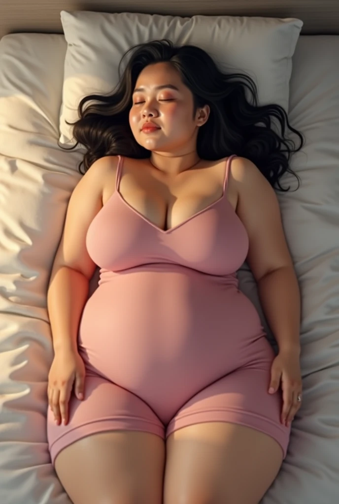 A very obese and fat semi-realistic woman, her weight is 500 kg. She is the fattest Asian woman in history. She has white skin, black hair and yellow eyes. She is morbidly and chronically obese. She has a huge belly and her body is very big and fat. She is wearing a black rabbit outfit that shows off and exposes her fat and her belly appears to be getting bigger. She is lying down.