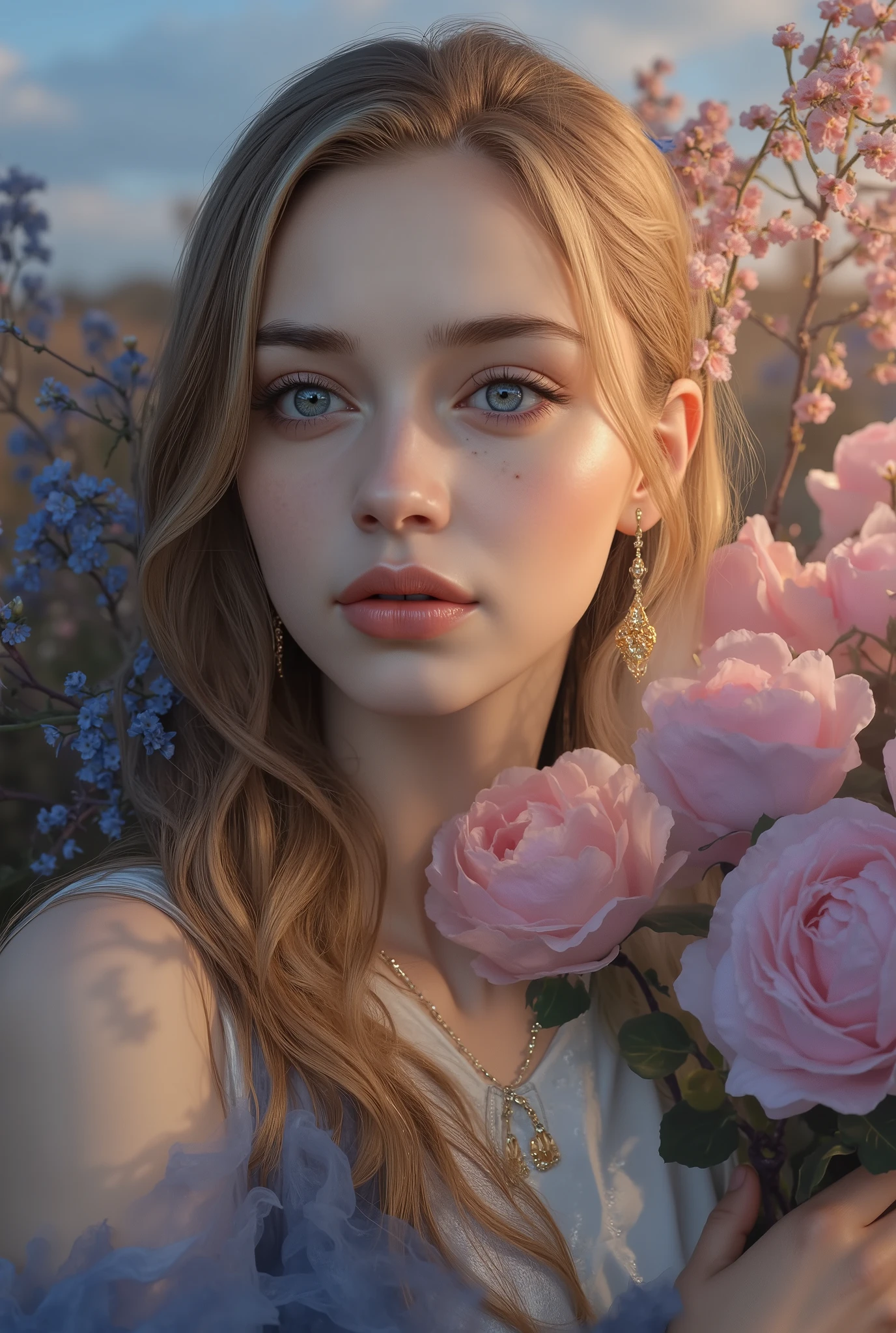 Beautiful Half Human Half God Girl,perfect face, big eyes,Clear White Skin,Elegant posture,mysterious expression,Natural landscape at dusk,golden hair,flower々Surrounded by,4K,8k,High Quality, super precise,stares at,physically-based rendering,EXTREMELY DETAILS,professional,Brilliant Colors,Bokeh