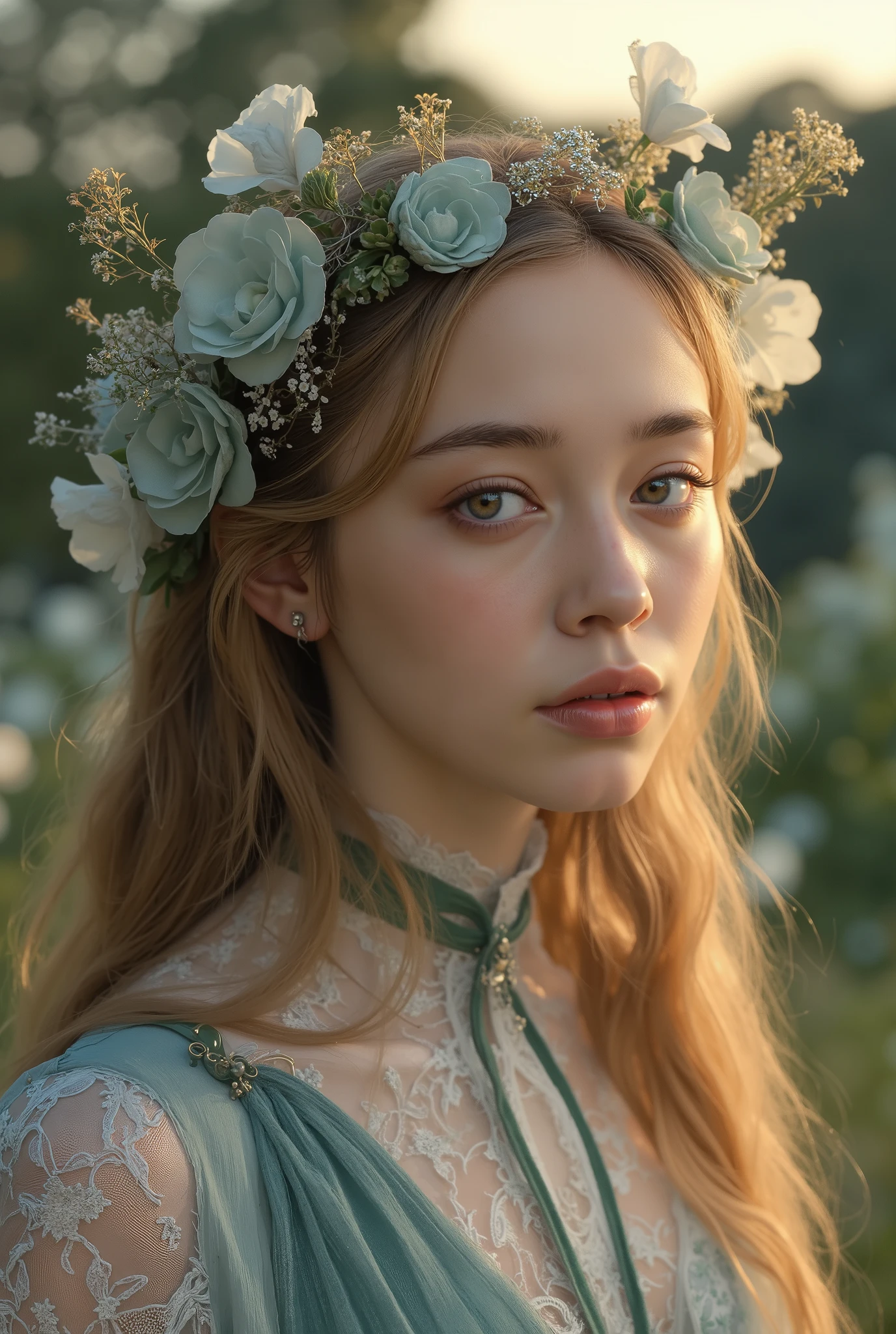 Beautiful Half Human Half God Girl,perfect face, big eyes,Clear White Skin,Elegant posture,mysterious expression,Natural landscape at dusk,golden hair,flower々Surrounded by,4K,8k,High Quality, super precise,stares at,physically-based rendering,EXTREMELY DETAILS,professional,Brilliant Colors,Bokeh