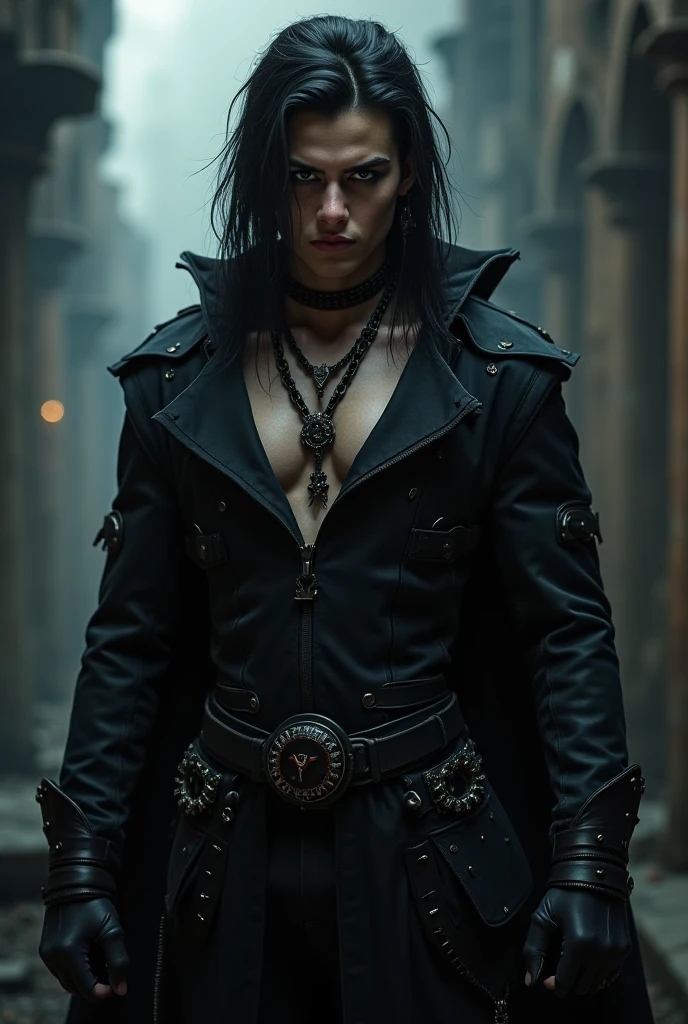 (best quality,ultra-detailed),(realistic,photo-realistic:1.37),Men,black hair,blue eyes,black outfit,deathmetal outfit style,edgy makeup,heavy black eyeliner,pale skin,expressive facial features,gothic accessories,dark background,intense lighting,contrast,ominous atmosphere, full body dynamic pose