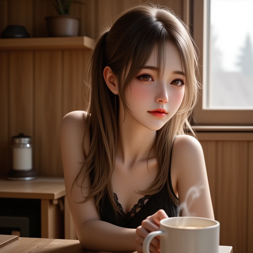 masterpiece、A detailed eye、超hight resolution(reality:1.4) A slender,skinny body、being thin、thin and long legs、 (A hyper-realistic), (hight resolution), (8K), (ighly detailed), (ultra-detailliert), 详细的脸,、NSFW、Inter-strands、fullnude、((((Naked play、Popular cafes))))、A slight smil、(((Stay naked、sit a chair)))、beautiful hairl、poneyTail、Tea time at an outdoor table