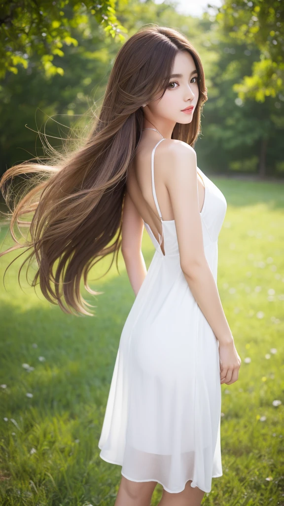 ((top-quality、8K、​masterpiece:1.3))、1girl in、A smile、full body Esbian、Slim Faces、Pretty women、(dark brown  hair)、Full-length dresses:1.1、hyperdetailed face、A detailed eye、二重まぶた、blured background、Slim Faces、the beach、takeout、Hands behind your back、portlate、Background blur、mare