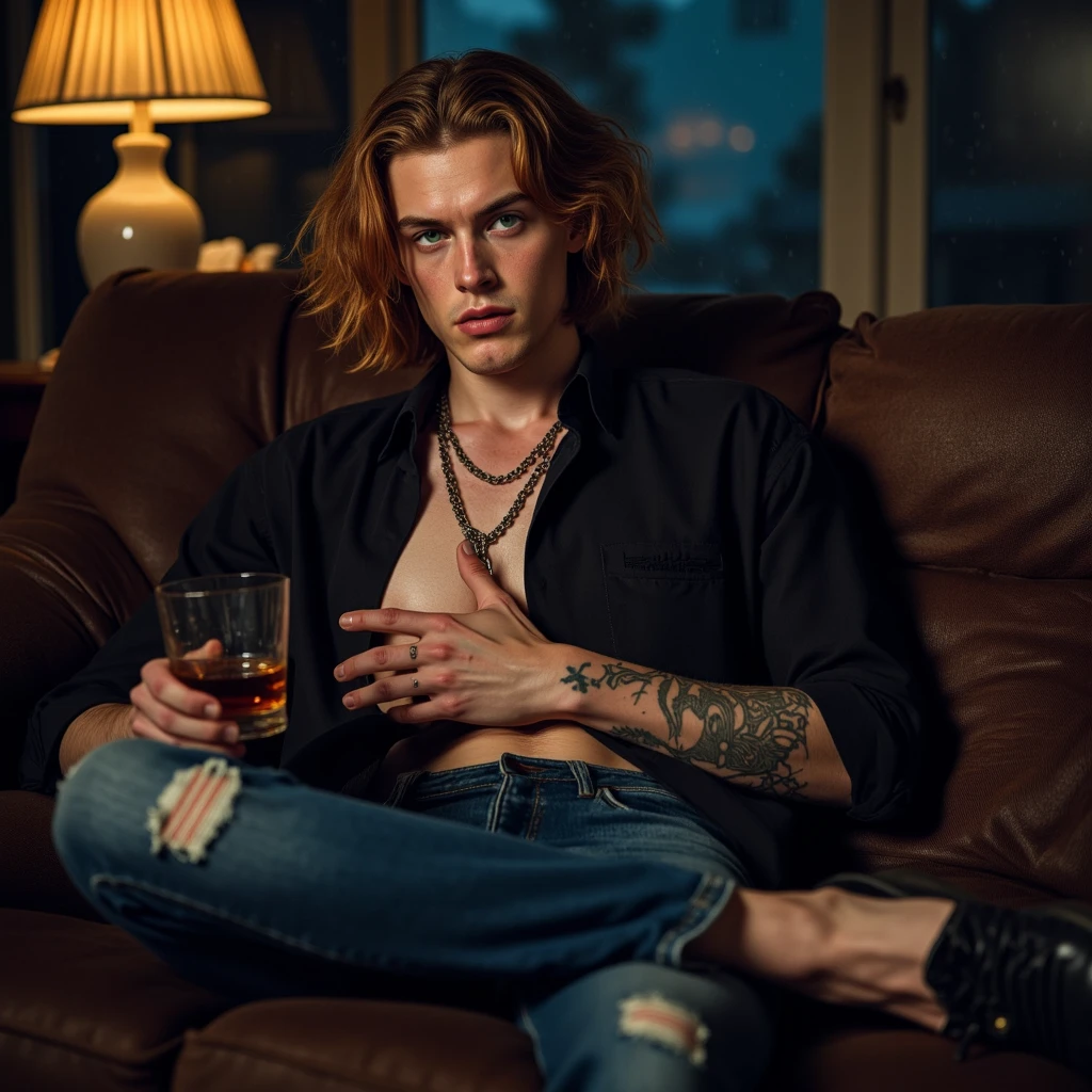 Lucifer young lean body laying down on couch in room relaxing a bit sad with a glass of whiskey in hand and with a whole bar in room and table with a whiskey glass and snacks.Guitar beside me on couch shirtless 
 