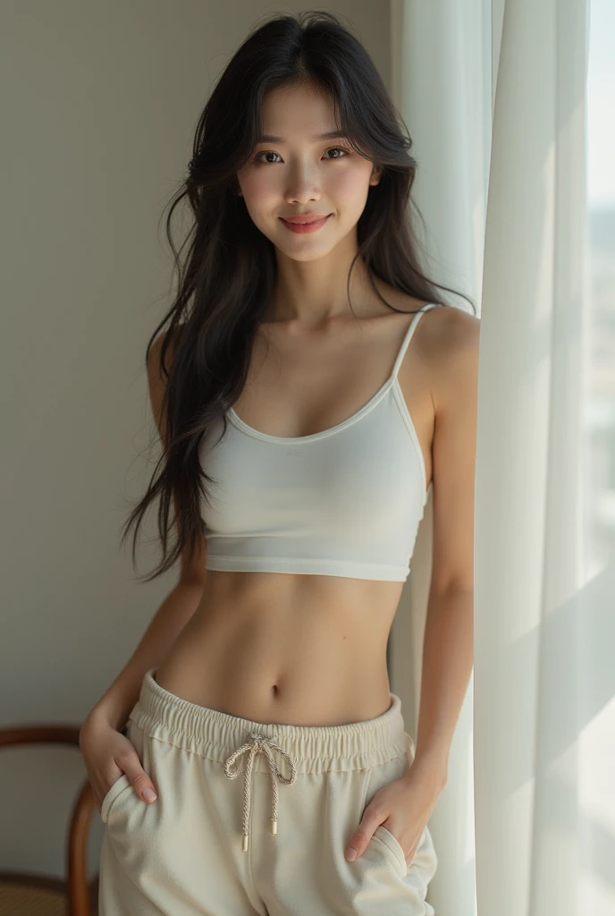 (Photorealism:1.2), Beautiful woman, Dark black hair, indoor, Soft lighting, Standing, Background plants, Window with sunlight, Cozy rooms, Relaxed pose, Realistic, Intricate details, Warm colors, skinny, A woman wearing white translucent terry shorts , Wearing a semi-transparent cloth belly shirt, face, 18-year-old, Realistic, High resolution, Cannon bullets, beautiful face, whole body
