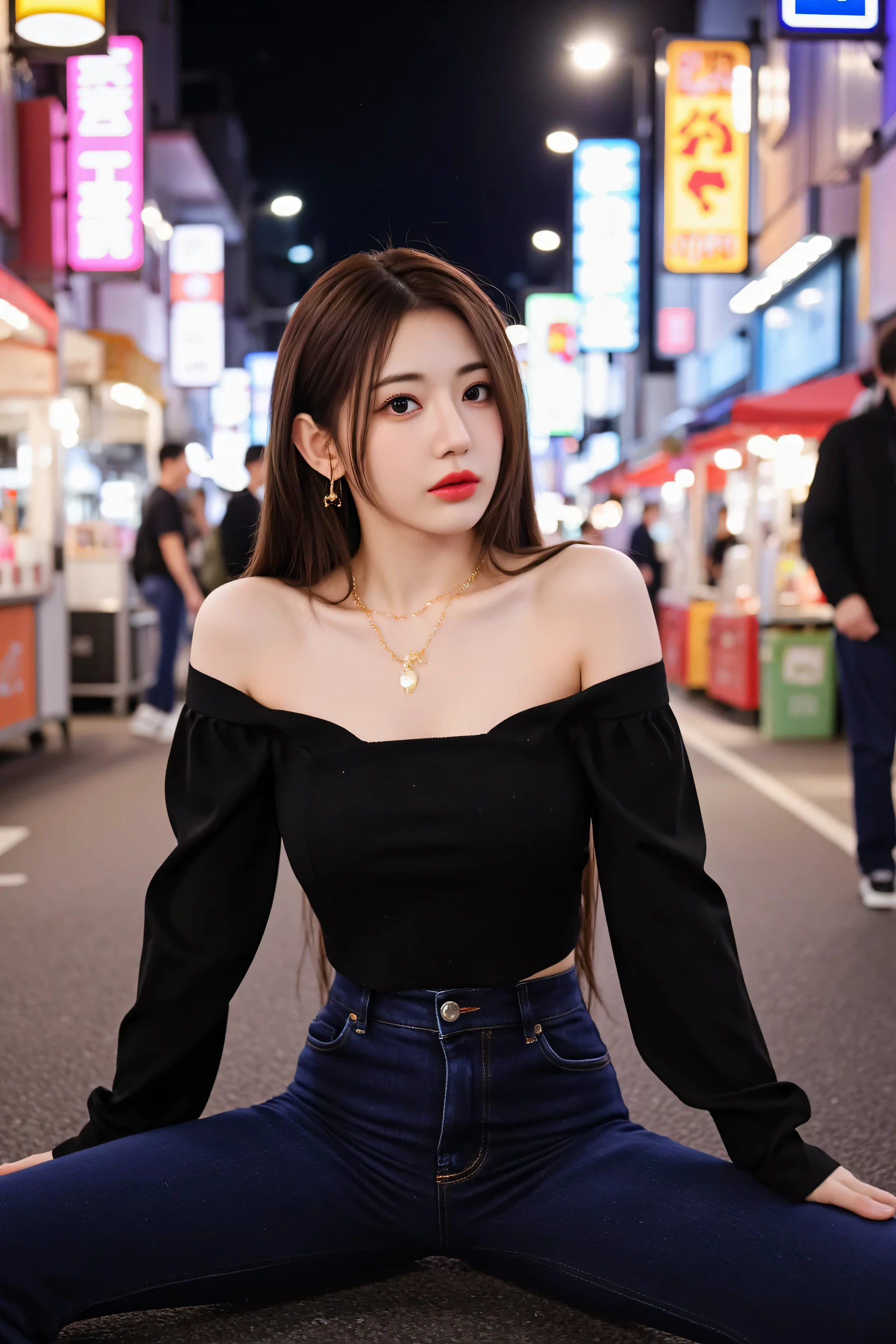 A stylish young Korean woman surrounded by colorful lights at night in Hongdae,strolling through vibrant neon streets, and the bustling city atmosphere. She is fashionable, straight dark brown hair, has dew-dropping glass skin, Bold red lips. Wore an elegant black strapless blouse, high-waisted skinny jeans, and fine gold jewels, exudes a modern and sophisticated vibe. The blurred neon signs and street food stalls in the background create a sense of atmosphere Perfect cinematic aesthetics, that makes her stand out effortlessly.has plump breasts. she spread her legs ,sitting on the ground,Show yourself ,I showed my crotch