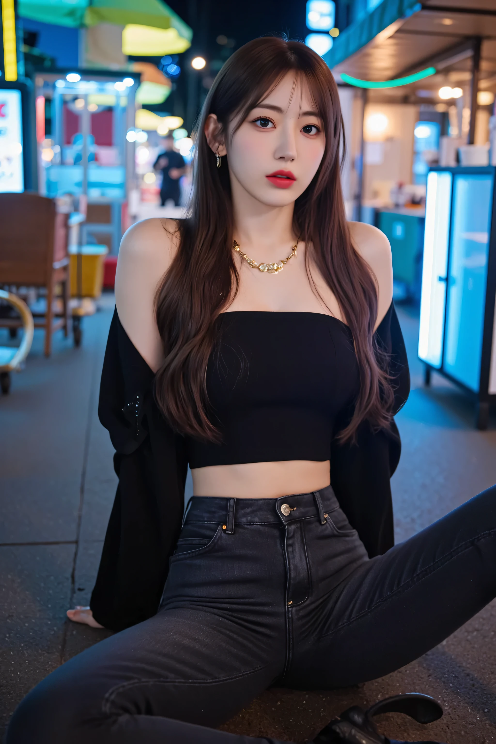 A stylish young Korean woman surrounded by colorful lights at night in Hongdae,strolling through vibrant neon streets, and the bustling city atmosphere. She is fashionable, straight dark brown hair, has dew-dropping glass skin, Bold red lips. Wore an elegant black strapless blouse, high-waisted skinny jeans, and fine gold jewels, exudes a modern and sophisticated vibe. The blurred neon signs and street food stalls in the background create a sense of atmosphere Perfect cinematic aesthetics, that makes her stand out effortlessly.has plump breasts. she spread her legs ,sitting on the ground,Show yourself ,I showed my crotch