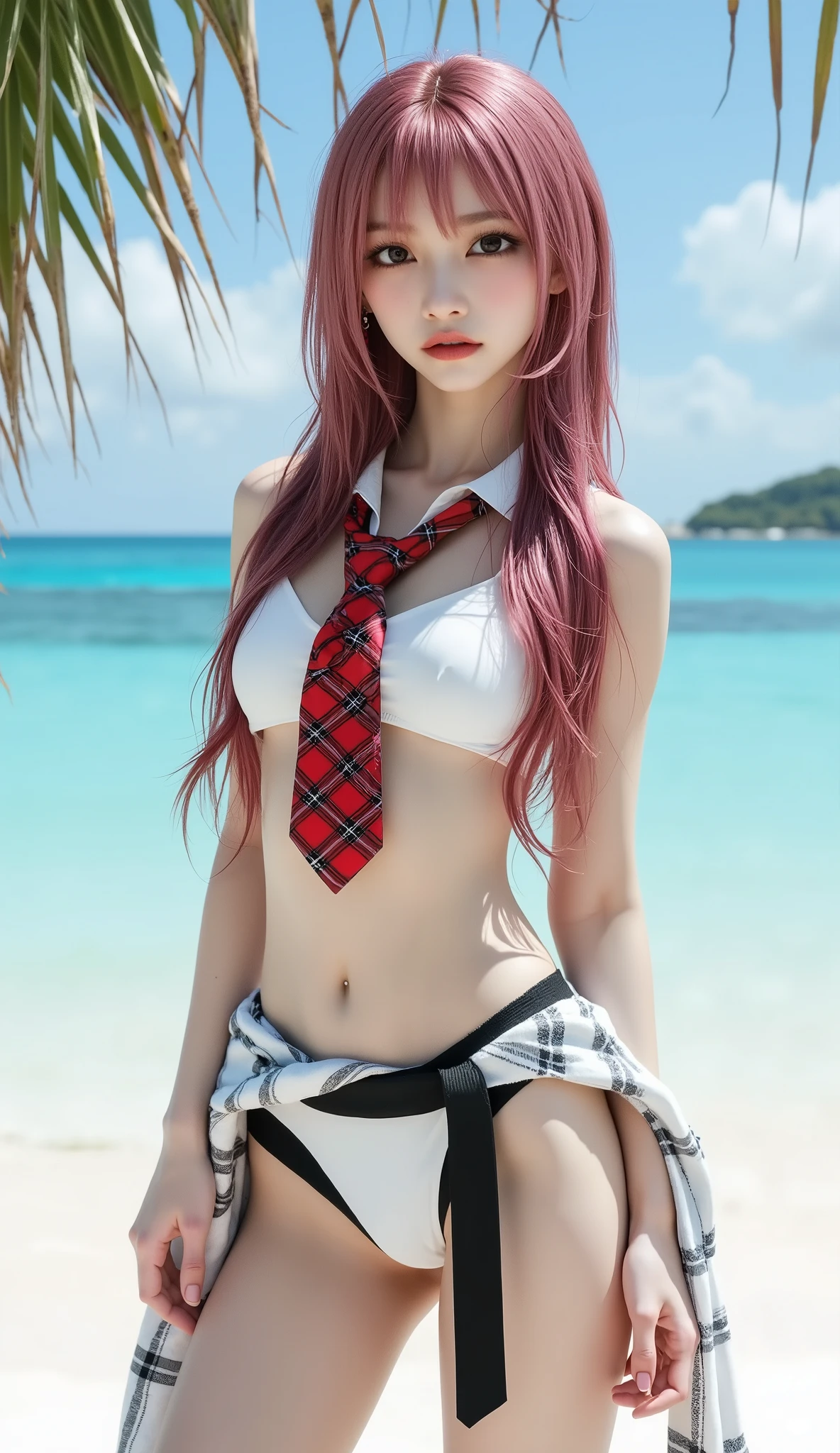 ((depicts a Korean pop idol girl。),(live-action),((full body shot with mahiru)),(( sunny tropical beaches and seas )),(women's rock design white and black bikini swimsuit),(red plaid tie around the neck),(white scarf draping around the waist),(smile),(Beautifully centered chest),(beautiful Korean idol makeup,beautiful lips,dark eyeshadow,long lashes),staring at the camera, Show view , beautiful hair, Pure Eyes , ( super long straight hair ,Beautiful dark pink colored hair),(8k, best quality , masterpiece:1.2, very detailed on trends),( anatomically correct, Ultra Detailed Skin ,Refers to 5 books )