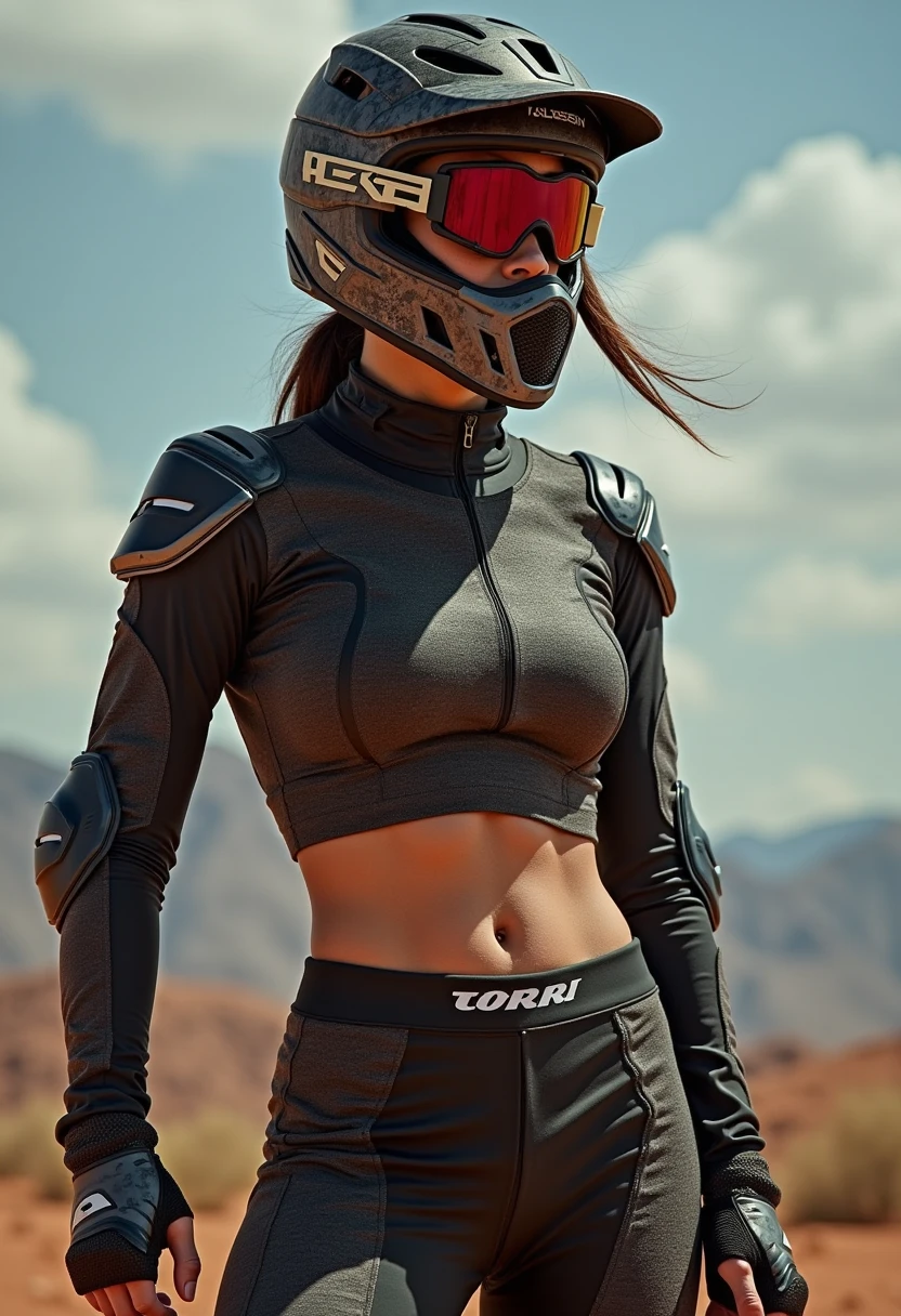 a stunning and seductive Beautifull girl in Racing suit, extremely beautiful, (RACING SUIT WITH THE COLORS WHITE, BLACK, ORANGE) ponytail, desert, tight gel suit, long leggings, machine girl, His face expertly sculpted, with sleek and refined features, (malicious smile), (so sweet), (8k, foto raw, fotorrealista: 1, 25), (lots of lip gloss, lots of eyelashes), better quality, ultra high resolution, Field depth, chromatic aberration, Broad Light, Natural Color, distant images (1:2), STANDING ON DESERT ROAD