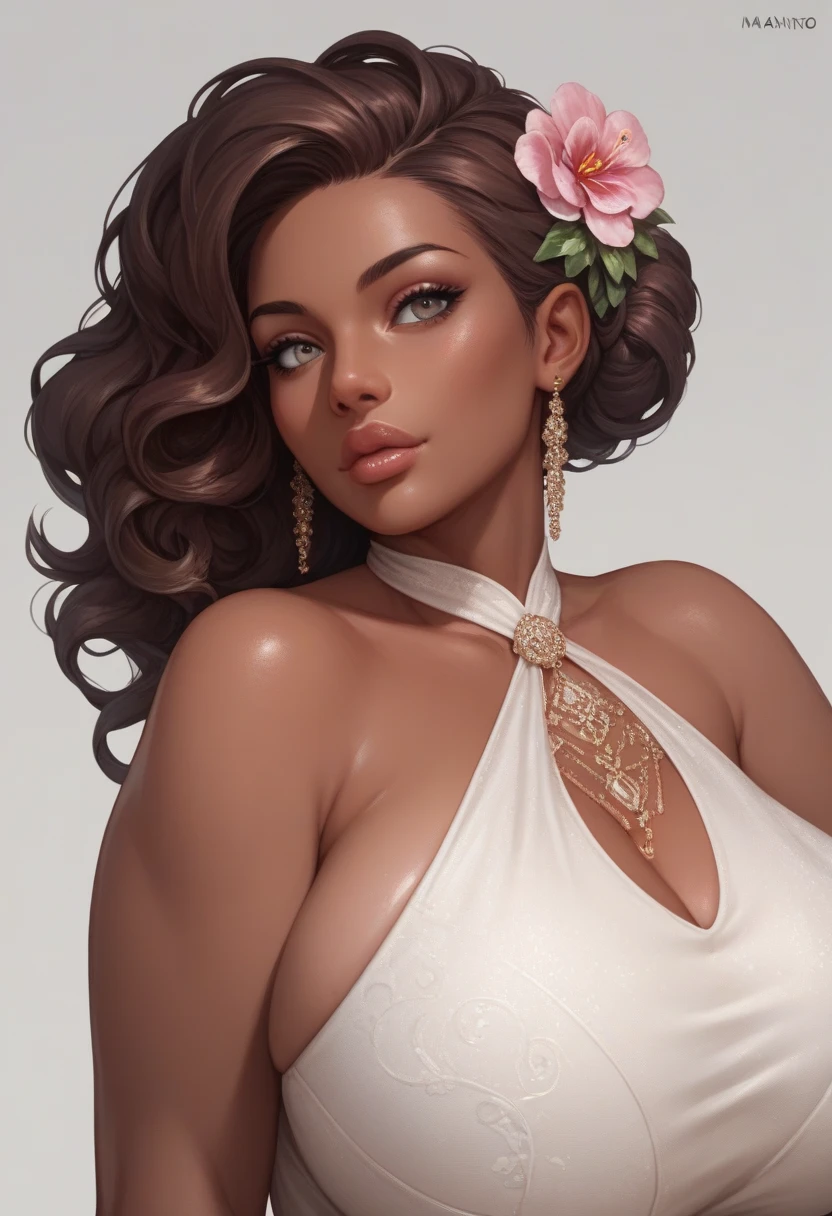 Realistic Hot beautiful sexy hot woman in floral dress,floral garment ,flower earrings,floral bracelet and floral headbands, realistic arts style,makeup , glossy lipstick ,sharp jawline ,long realistic blunt black hair , Magenta eyes, warmly smiling,big breasts ,floral necklaces, foundation , eyeliner , perfect detailed realistic face, cinematic, breathtaking , stunning face, perfect nose