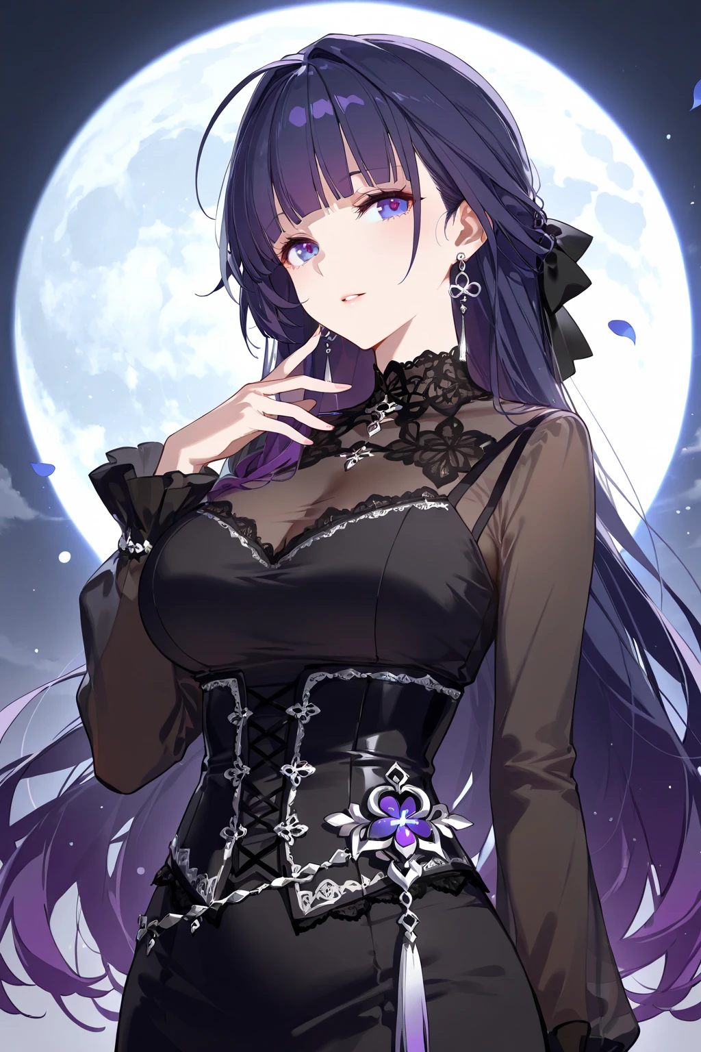 one-girl，Black color hair，Light purple dress，conservativelydressed，starrysky，As estrelas，Deep blue starry sky at night，Hyper-Resolution，accuracy，detail render，（Delicate facial portrayal）（Fine hair depiction）（highest  quality）（Master masterpieces）（High degree of completion）（a sense of atmosphere）tmasterpiece，ultra - detailed（half-body portrait）