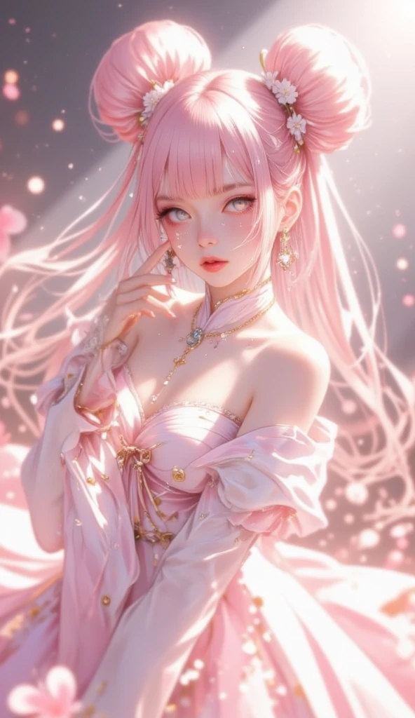 High quality High resolution Fractal art Pink hair and pink eyes Pink hair long hair Cheongsam Pink eyes Korean glitter eye makeup Very delicate makeup Glitter Small breasts 