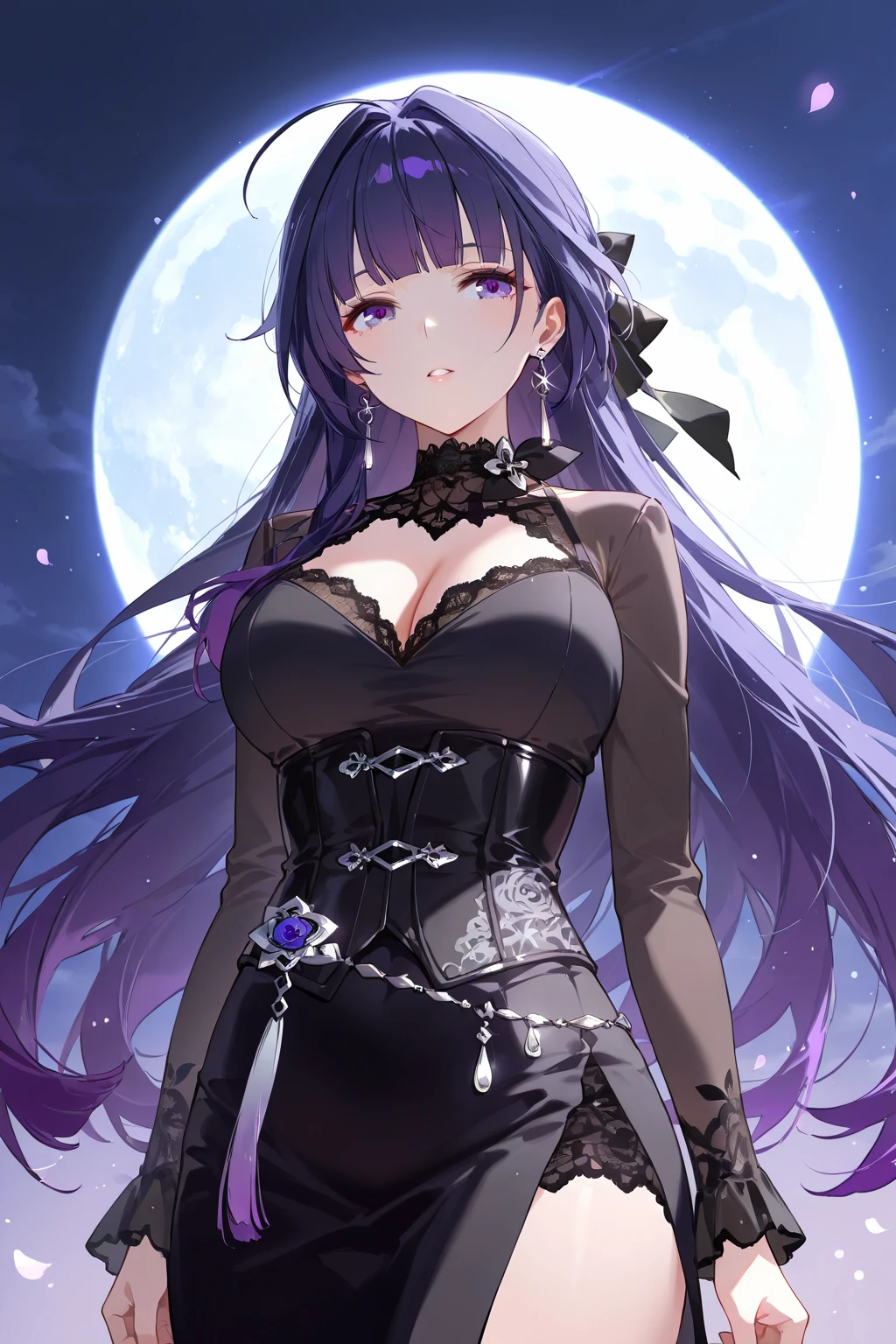 (master piece), (Extremely delicate and beautiful),(depth of fields,Dynamic Angle),1girl in, (Cowboy Shot),(Beautiful detailed illuminated glowing pink eyes), (Beautiful Detail Illumination Purple Long Hair), (Black Dress),(medium breasts),(Giant amethyst crystal floating in the background),(Luminous particles),starrystarscloudcolorful,Outer World AI,Crystal collapse
