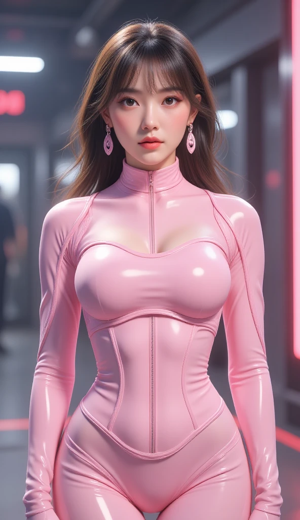a beautiful korean woman, wearing a pink costume, superhero, tight clothing, redhead, curvy hips, busty, standing, frontal 3/4 body view, (best quality,4k,8k,highres,masterpiece:1.2),ultra-detailed,(realistic,photorealistic,photo-realistic:1.37),vibrant colors,dramatic lighting,cinematic composition, small face, cute face.
