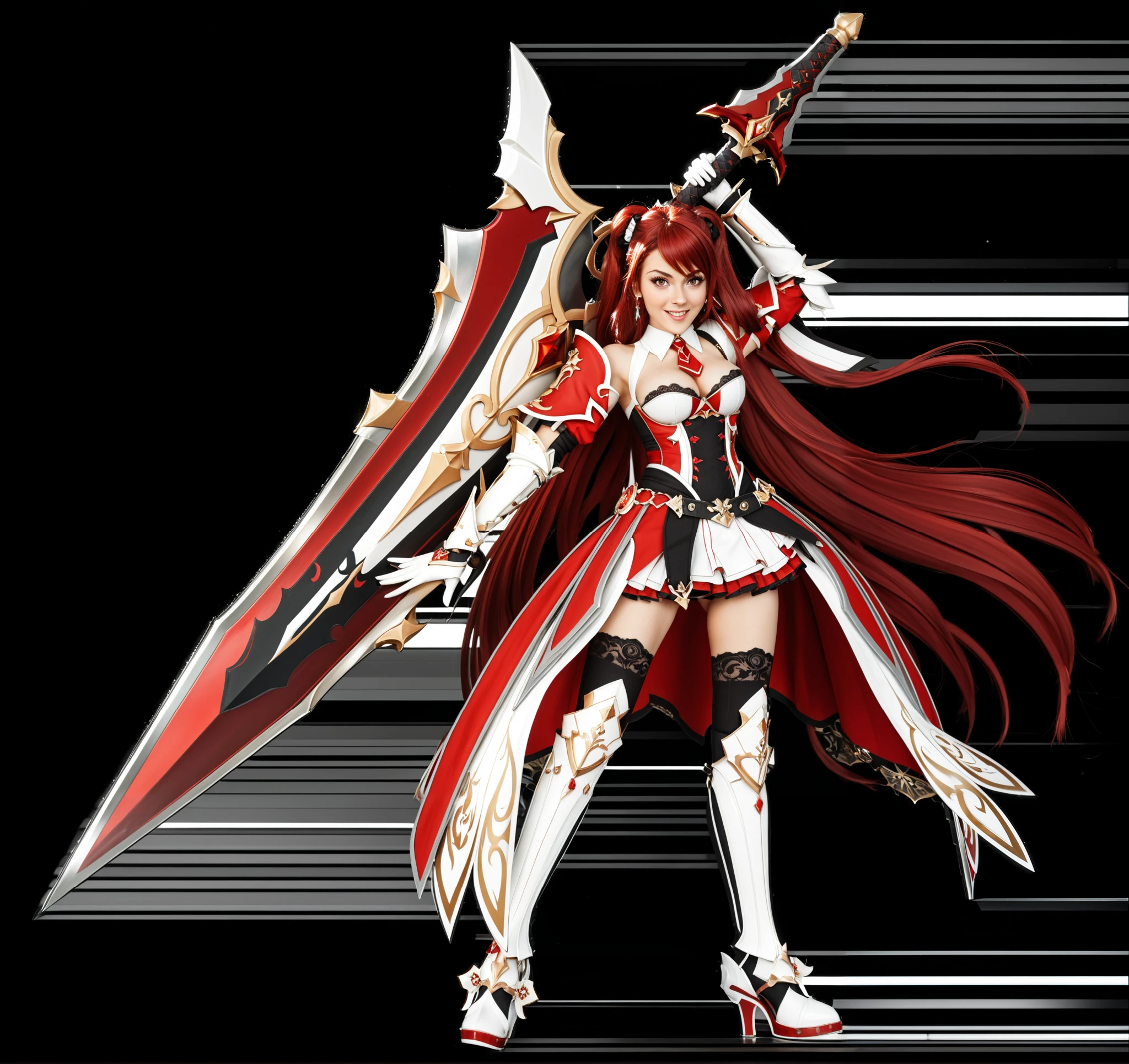 Açık havada bir kılıç tutan kırmızı ve beyaz kıyafetli 20 yaşında bir woman, rias gremory, white and red armor, woman , erza scarlet as a real person, woman kızıl saçlı tapınakçı , elesis elsword, Mavuika Genshin Impact, as Yuuki, official character picture, elsword style , natural lighting, high quality art style, high quality, 8K Ultra HD, a girl warrior, high detailed, photorealistic, 3d rendered. red eyed and long to hip red bushy haired. Her hair cover her left eye. She is weared red and white striped knight uniform. Young, cute face, hands, big breasts, broad shouldered, athletic, aesthetic, Strong. gigantic red, white striped fantastic, scary sword. She is standing up.