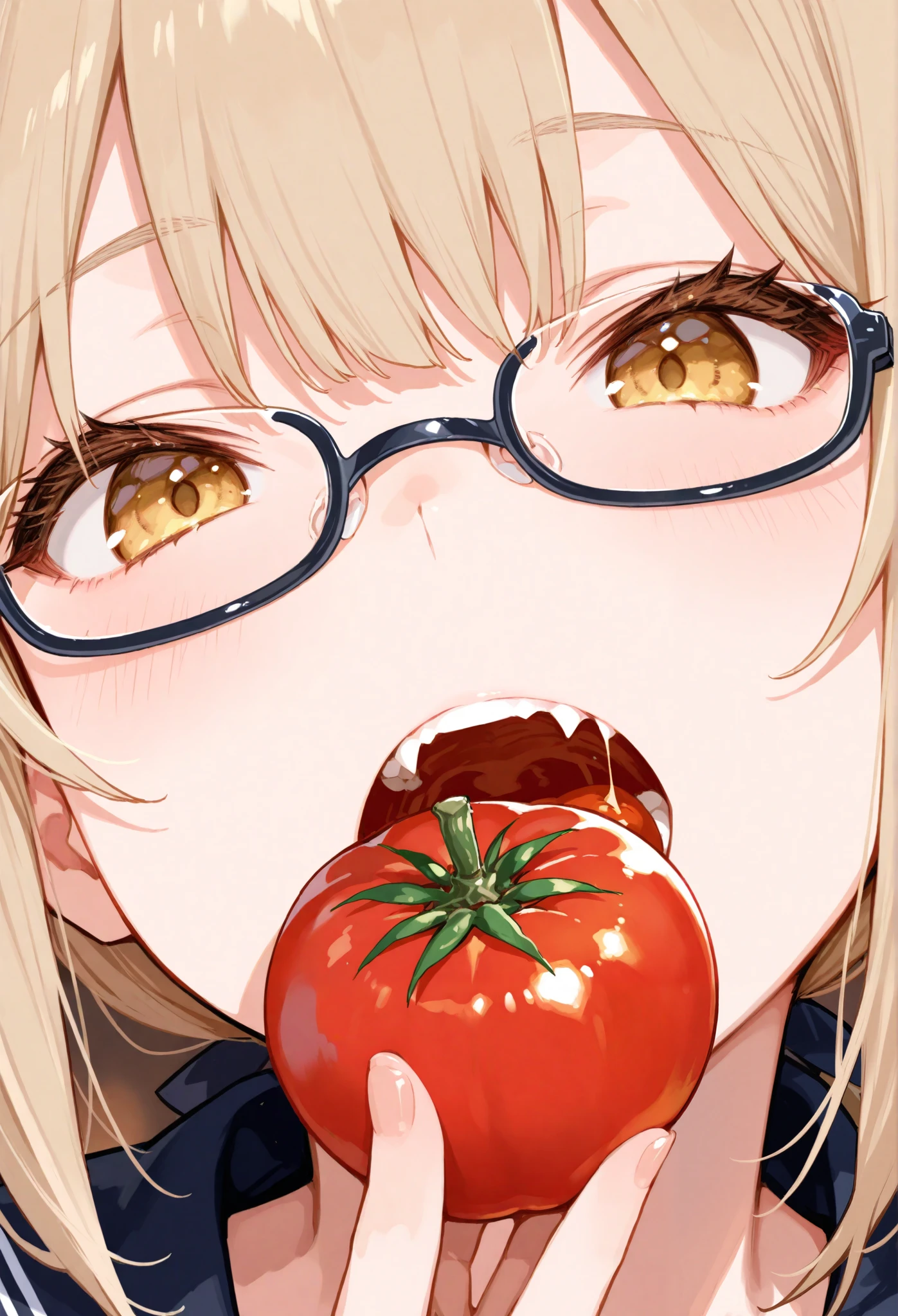 A girl opens her mouth wide and eats a tomato with fang, Face close-up, under-rim glasses