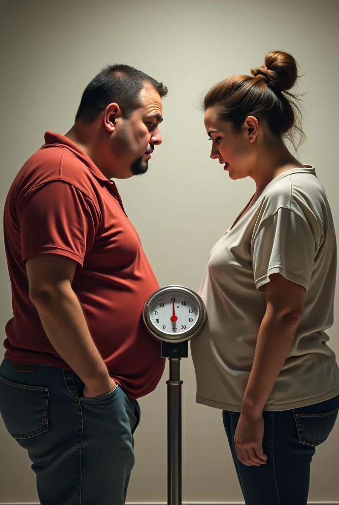 A muscular man,Topless,With a huge pregnant belly。He is lifting a dumbbell with one arm.,In the other hand, she holds a "Pregnancy Guide",A slender woman stood beside,Giving him supplements,Expression concern