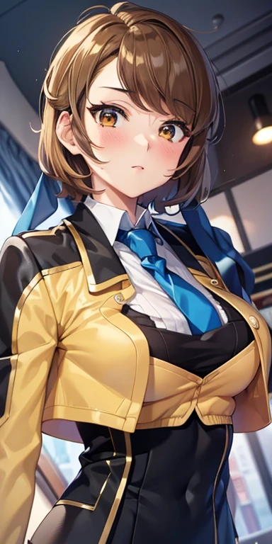(absurdres, 8k, 4k, masterpiece, hyper extreme detailed:1.2), solo, 1girl, front view, perfect face, 1girl, portrait, expressive eyes, looking at viewer, solo, standing, Female, toned body, mature female 1girl, genie, zodiac, shirt over 1 shoulder, Brown bikini, long sleeves, necklace, long Brown Hair, city background, headband, Brown eyes, Brown skirt, small bust, rings, bracelets, charismatic, crazy face, crazy eyes, crazy smile, perfect anatomy, half body, l1girl, solo, brown shirt, gold letters, graphic t-shirt, bracelets, rings, necklace, jewelry, arm sleeves, fingerless gloves, manipulative, gaslighting, friendly, hands behind back,
