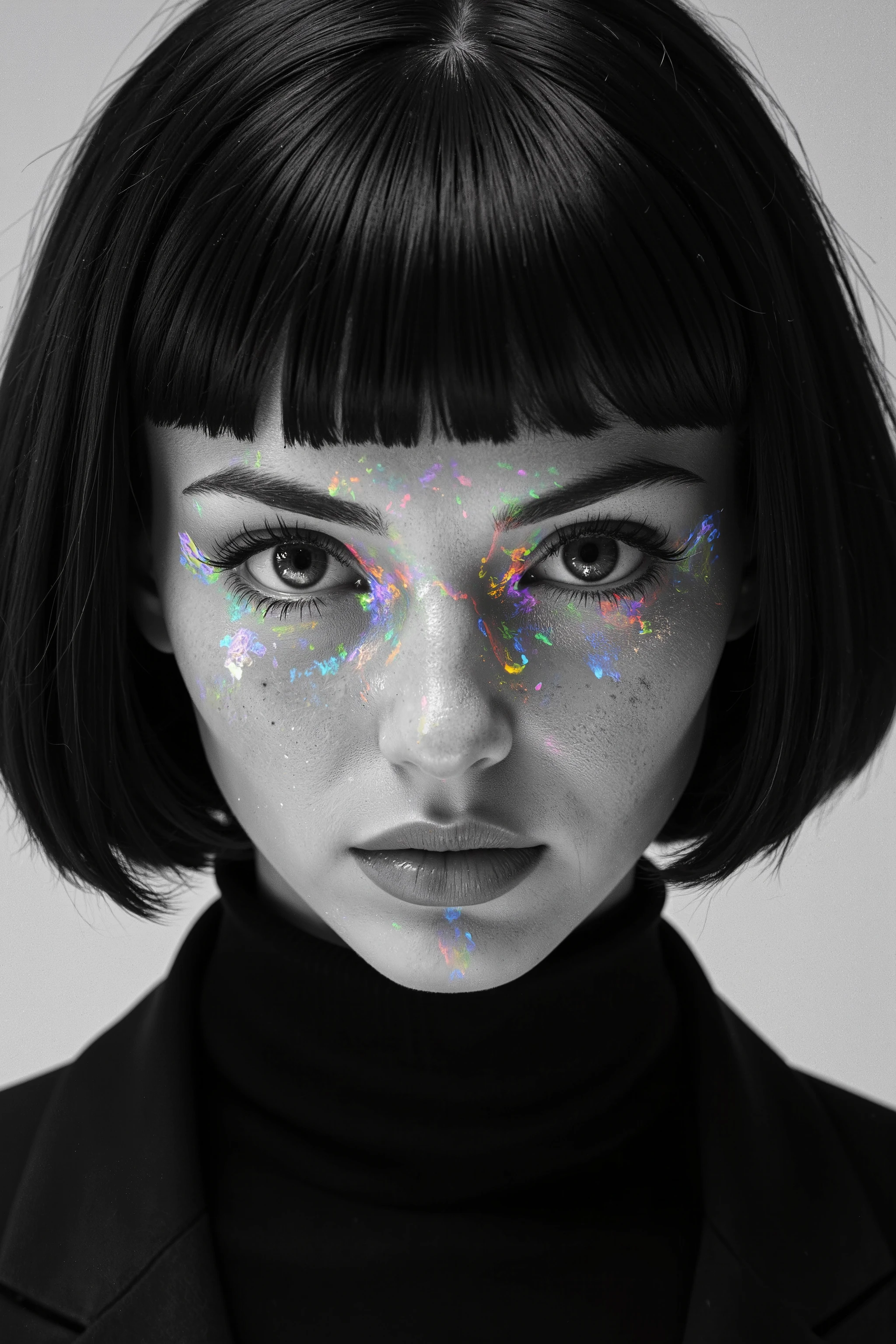 secret desire burning the heart of cute short+black haired business woman with beautiful eyes mind is the beginning and the end of reality, every story in the world starts here, brave art style, obscure scientific effects, black and white with opalescent colors phase shifted, framed with radio waves