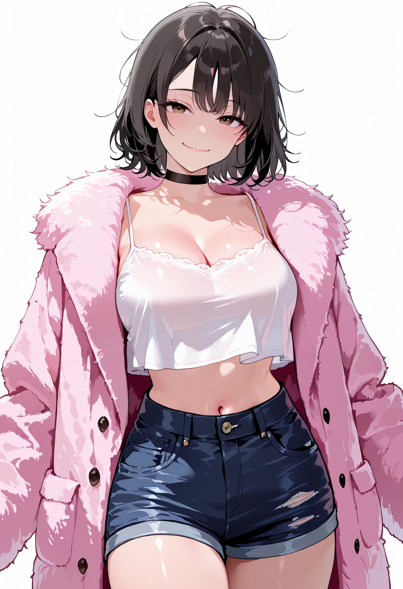 high res image, Beautiful girl with slim body, (masterpiece, detailed:1.2), (1girl:1.4), (black hair, short hair, messy hair, long side bangs), (dynamic poses), looking at viewer, (enjoyed, light smile), (brown eyes, detail eyes), Beautiful eyes, (average breasts:1.3), (slender body), (beautiful detailed face, beautiful detailed eyes), ((hot pink faux fur coat, black cropped overhang camisole, denim shorts, black choker)), (open waist, navel), (white simple background), ((cowboy shot:1.3)), seductive, lustrous skin, lustful skin, erotic skin