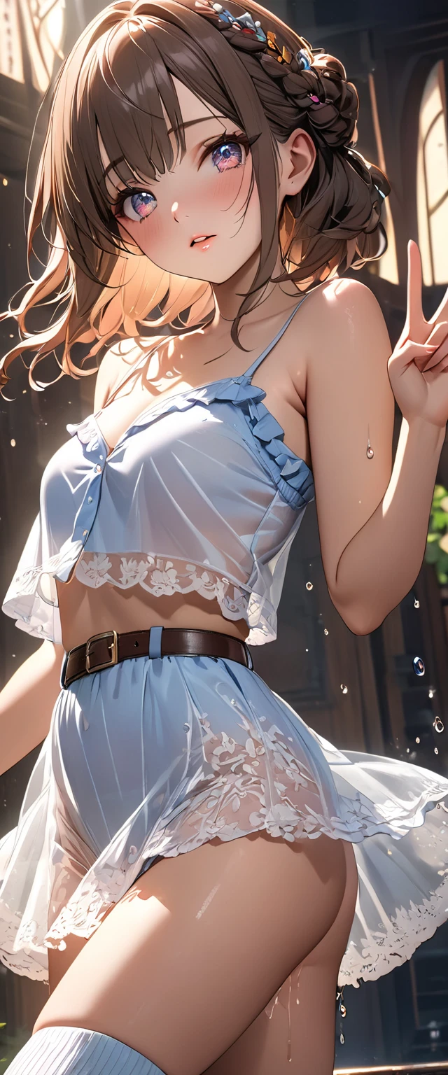 At night, a girl standing at the edge of a cliff, short hair, blonde color, blue eyes, wearing a loose small white blouse, in black underwear, barefeet