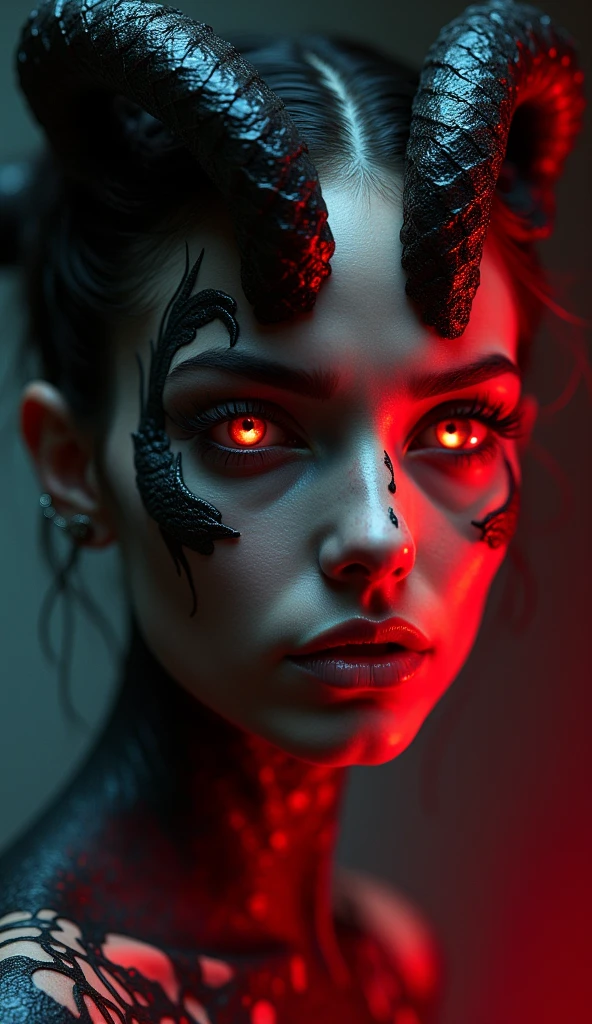 (is the best quality, ,highres,masterpiece:1.2), creative technician,(really,photoreally,photo-really:1.37), ((masterpiece)) ((photography)) ((Top quality)) Ultra-really horror scene, Portrait of a hybrid fairy woman, merges with. The upper half of her face is creepy, hypnotic intensity covered in darkness, shiny scales with sinuous patterns that look like a royal snake. her eyes with a cleft pupil glow with a piercing look, Hypnotic intensity, while two sharp, curved horns coming out of her forehead, bending back like that of an ancient demon. The human side of her face keeps With a charming beauty,, with soft skin that contrasts with the mysterious tattoos. dramatic red lighting floods the scene, casting threatening shadows that enhance her extraordinary aura. blurry background, full of swirling darkness, enhance the hellish atmosphere.