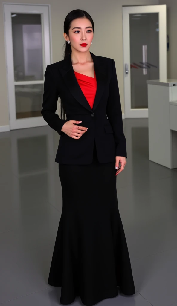 Hijabi women wear two-piece office dress set, satin mermaid trumpet skirt with long train, red wear peplum blazer with puff sleeves, white satin office shirt, skirt have a very long train about 7 meter long, model height is 165 cm, wear jewellery, sexy pose in office room