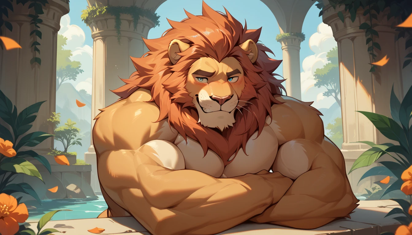 nj5furry, (An albino lion, sin camisa, Torn muscles, Topless)), , Pelaje grueso que cubre la entrepierna, Pelaje blanco, ((cuerpo completo)) masculino, kemono, ((Sombras extremadamente realistas, Obra maestra, extremadamente detallado, fotorrealista), ((An albino lion)), pectorales masivos y muy musculosos, fuerte, macho maduro, postura de culturismo, carefree expression, sonrisa traviesa, sexy,  Cara detallada, guapo, enorme, cuerpo musculoso y masivo, pectorales abultados, abdominales musculosos, cintura estrecha, melena peinada hacia atras, pelo corto, nariz roja, ojos razules, protuberancia de la entrepierna, Mountain forest behind him. pantalones holgados negros con cinturon de tela sin hebilla.