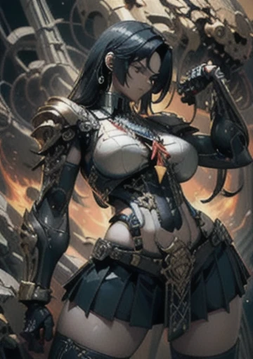 (((woman))), (((best quality))), (((masterpiece))), (((adult))), A muscular 35-year-old warrior woman nearly naked in Simon Bisley's urban savage style for the cover of Heavy Metal magazine, colorful mohawk hair, Minimal clothing, orange and blue carbon fiber armor full of ink-stained spikes and rivets,