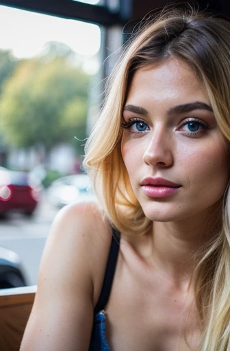 beautiful instagram model. blond hair, clear blue eyes, sitting at the coffee shop with realistic hands