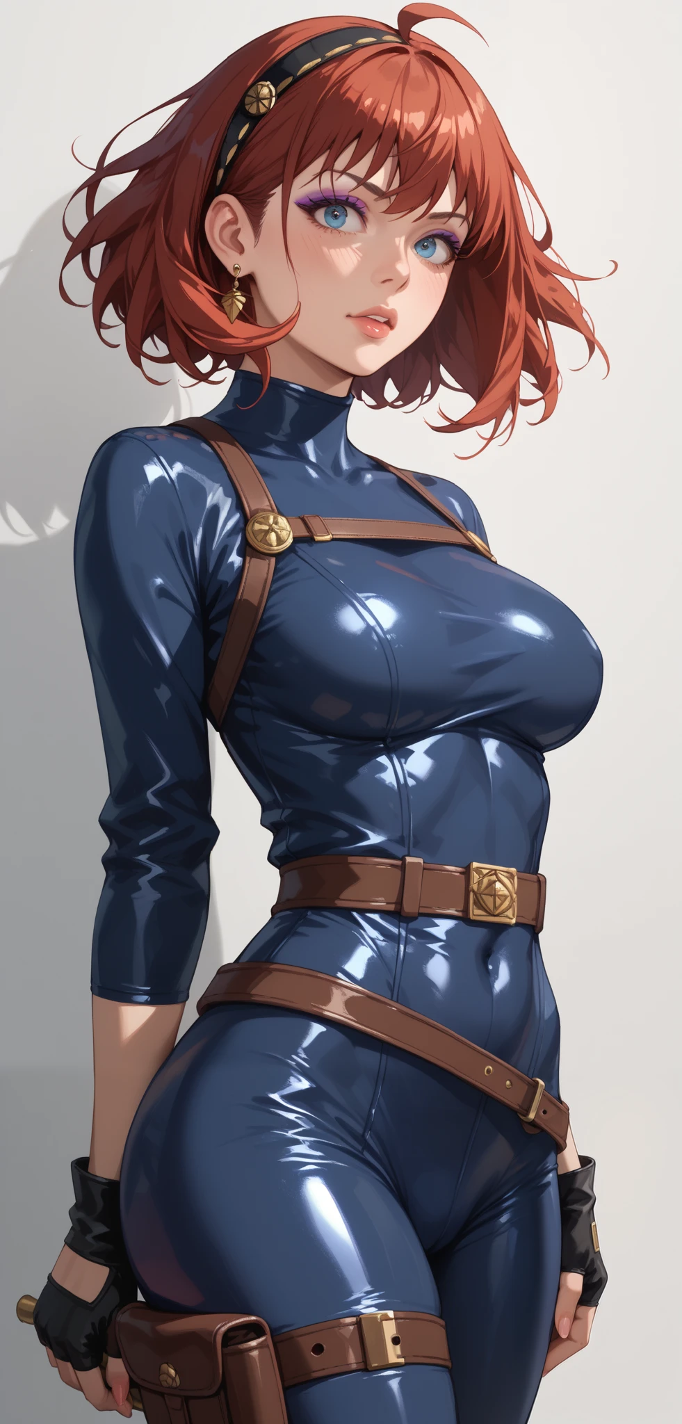 Nsfw, (detailed eyes), (delicate skin), best quality, Best Desinger, Best illustration, (foto fotorrealista: 1.3), (pele com alto detalhe:1.2), 8k UHD, dslr, alta qualidade, alta resolução, arms behind back, black thighs, bondage, tied breasts, female necklace, hair between eyes, big breasts, metal collar, navel, bare nipples, pussy,
