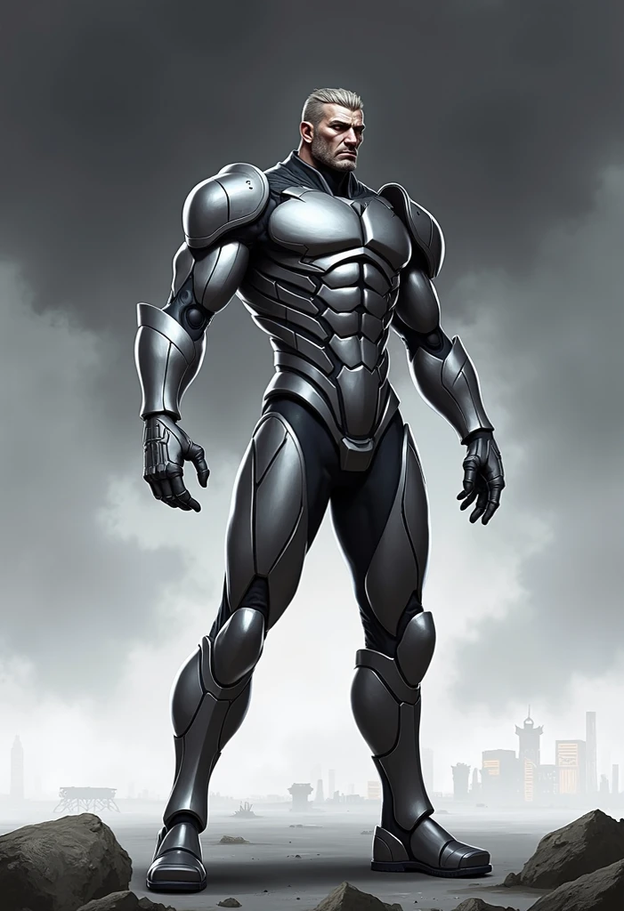 Arad man in gray, black and white clothes standing in desolate ruins, muscle male hero, Buzz cut, heroic male pose, tall and burly, muscular! Wearing black sunglasses, tall burly and strong, stealth suit, super buff and cool, high resolution committee, character design police, black military boots, charismatic strong male with armor