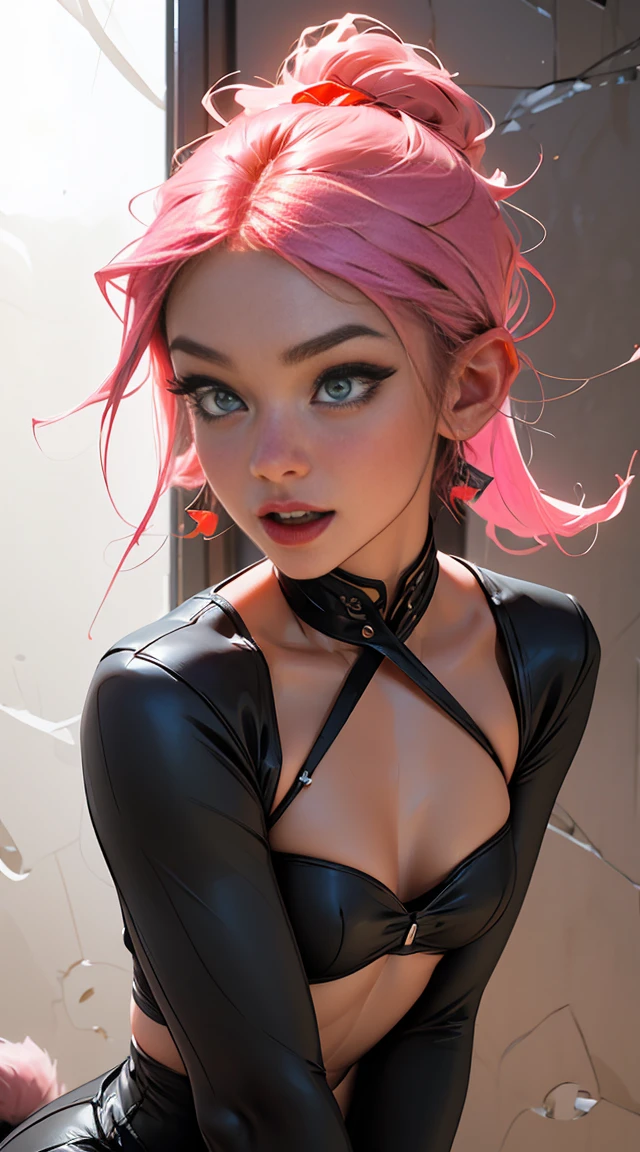 ((21-year-old))) black girl, (((very dark african skin))), (((close up pov full body portrait, sexy seductive slutty pose, ((accentuated super huge enormously gigantic nude , cleavage showing, wearing crop tank top and micro thong lace panties ))), (((very long wavy curly pink hair in a ponytail))), (((tattoo sleeves and piercings))), lots of african tribal tattoo sleeves, dark fantasy art, post apocalyptic art, Rich, Deep Colours, (intricate details:0.9), (HDR, hyper-detailing:1.2), (natural dark african skin textures, hyper realisitc, anime realistic, light, Sharp), luxurious bedroom background