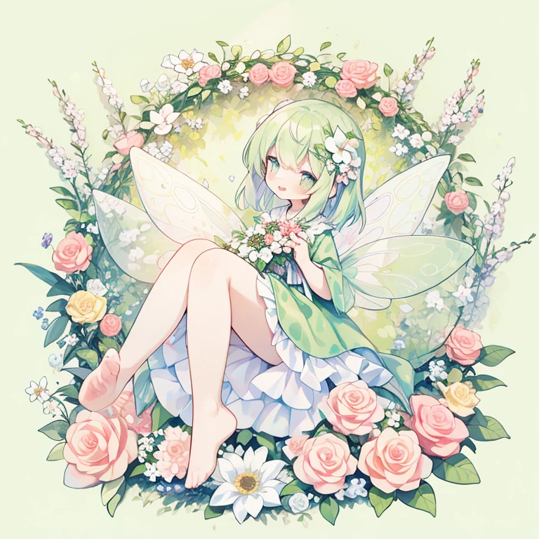 a delicate faerie flying over a large flower. wearing a demure flower dress. from above. art deco.