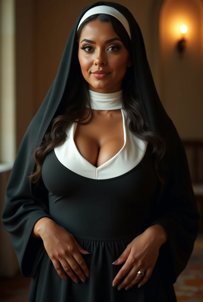 Mature beautiful black woman、Smiling with teeth showing、Huge saggy breasts、Sexy body、Monastic uniform、Nuns、Standing in the church