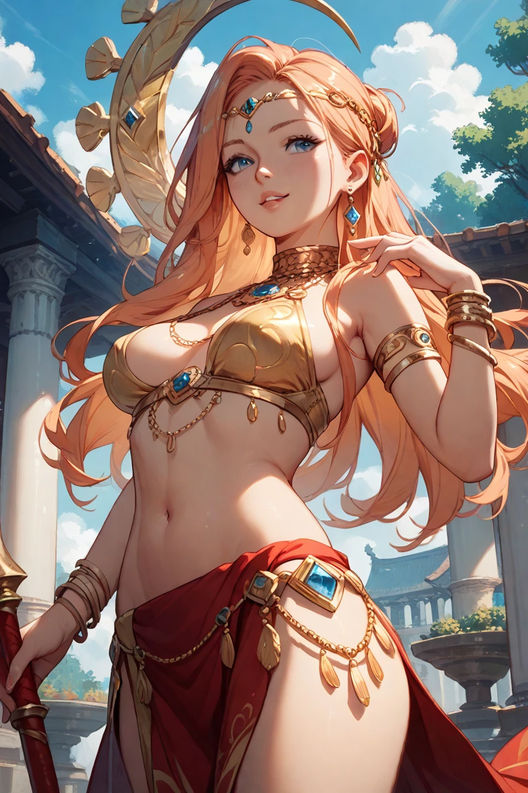 girl、wheat-colored skin、odd eye、Right eye red、Left eye green、long hair、gray hair、evening、red dancer costume、red earrings、whole body、Thin fabric、belly button、gold bangles、gold anklet、thighs、shoulder、Red Turban、The background is grassland、sunburn、