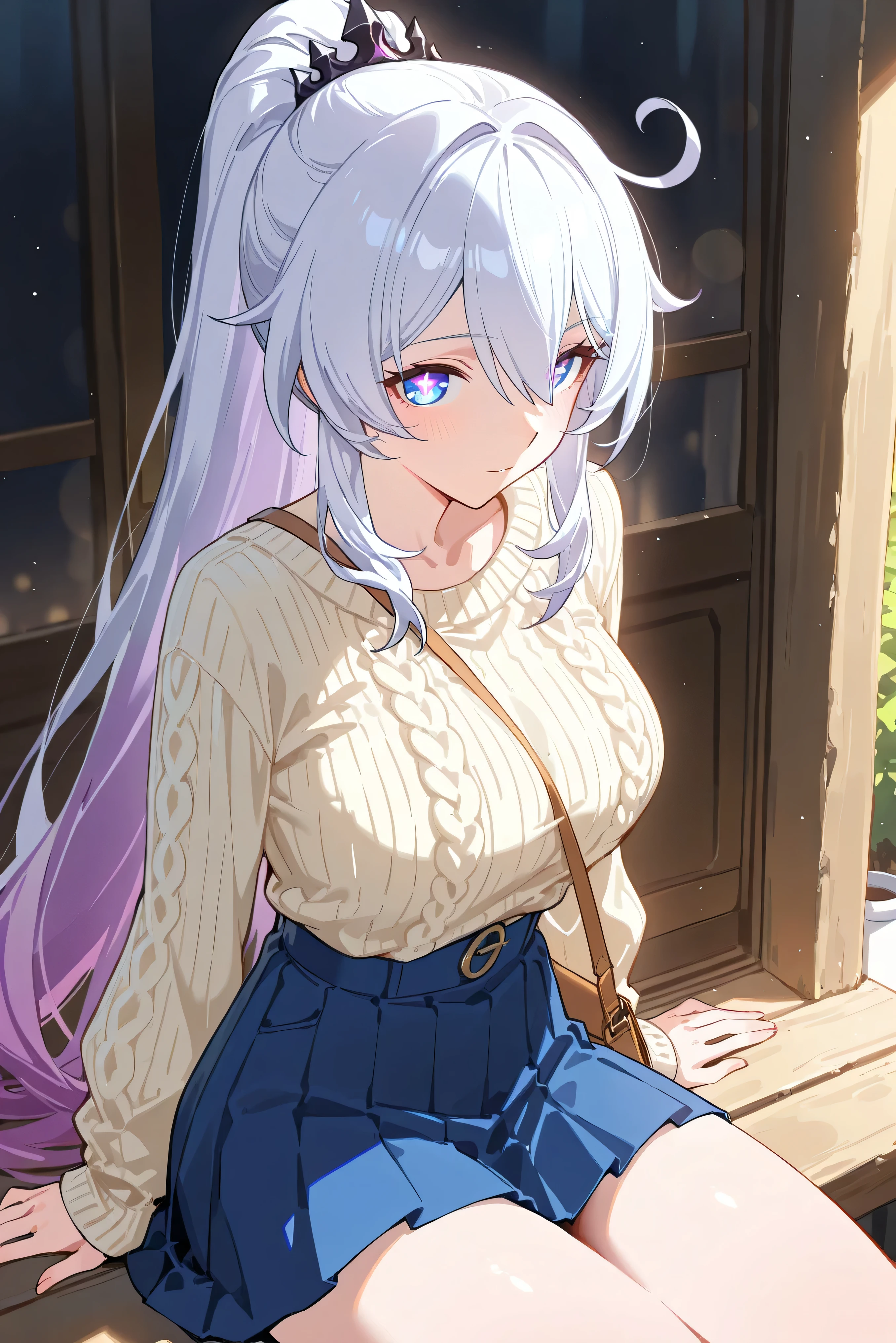 (((Masterpiece))), top quality, super detailed, blush, cute and playful, heavy snow, accumulated snow, long coat, long boots, scarf, white breath, silver hair, fluffy hairstyle, loose fluffy, ((huge breasts)).