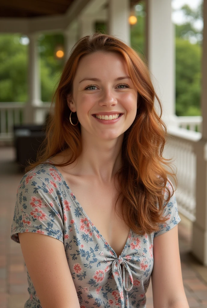 beautiful average looking woman, smiling, white teeth, dress, (looking at the camera:1.4), (highest quality), (best shadow), intricate details, interior, ginger hair:1.3, dark studio, muted colors, freckles