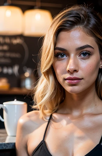 beautiful instagram model. blond hair, clear blue eyes, standing at the coffee shop with realistic hands, 5 fingers,