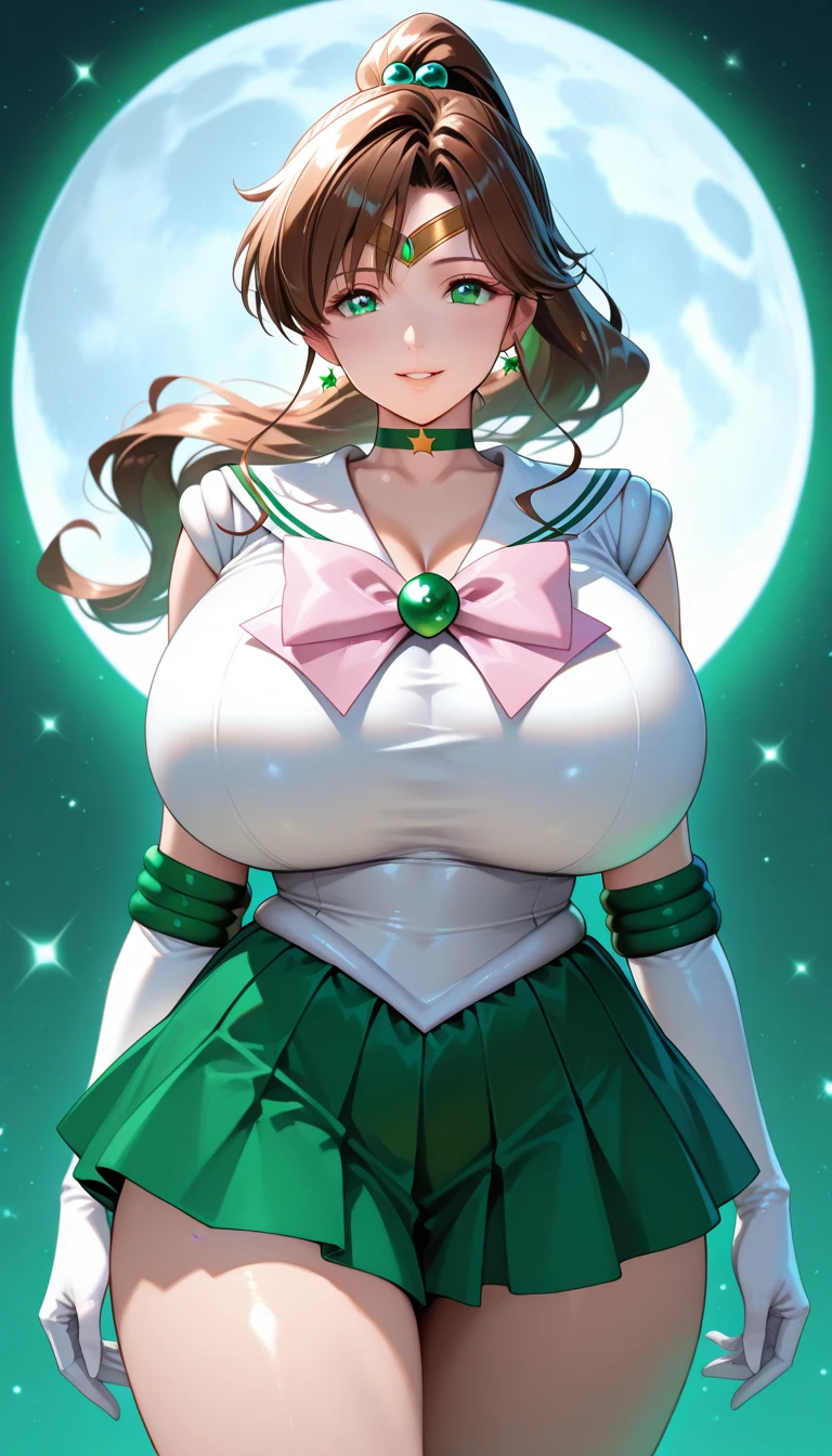 masterpiece, best quality, highres, hmjupiter, green eyes, ponytail, tiara, jewelry, sailor senshi uniform, green sailor collar, choker, elbow gloves, white gloves, pink bow, brooch, leotard, off skirt, cowboy shot, standing, night, moon, flustered,large breasts, panties,white background,simple background, show off nipple,