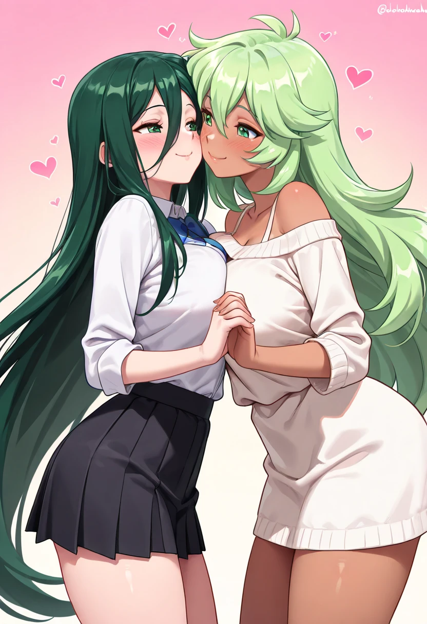 (A boy,19 years, with pink fur, fluffy shot hair ,Her skin is somewhat pale , rectangular eyes, red eyes, beige sweater, black pants , excited facial expression) , from head to toe, Whole body, climax , (A girl with aqua green hair , big breasts, thick thighs, a very tight black skirt with a high neck sweater with a low neckline) , passionate kiss , kiss with tongue