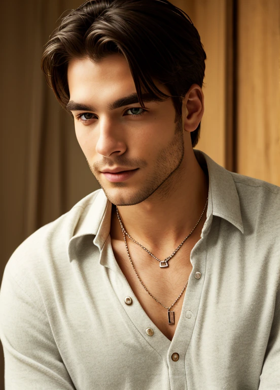 Create a sexy guy with a hand in his mouth, biting a necklace