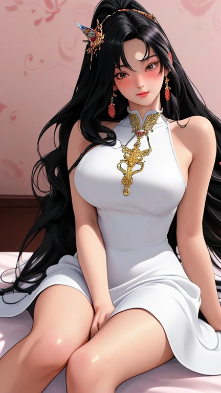 (((Perfect body,(((Ping Ping))),(((Black long hair,Pointed ears,Fox fur skirt,Fox Tail))),((masterpiece)),high resolution, ((Best quality at best)),masterpiece,quality,Best quality,((( Exquisite facial features,Looking at the audience,There is light in the eyes,Smile))),Kneeling on the ground,Bird's-eye view))),(((Light and shadow,Huge breasts,))),(((Looking at the camera,White background,))))