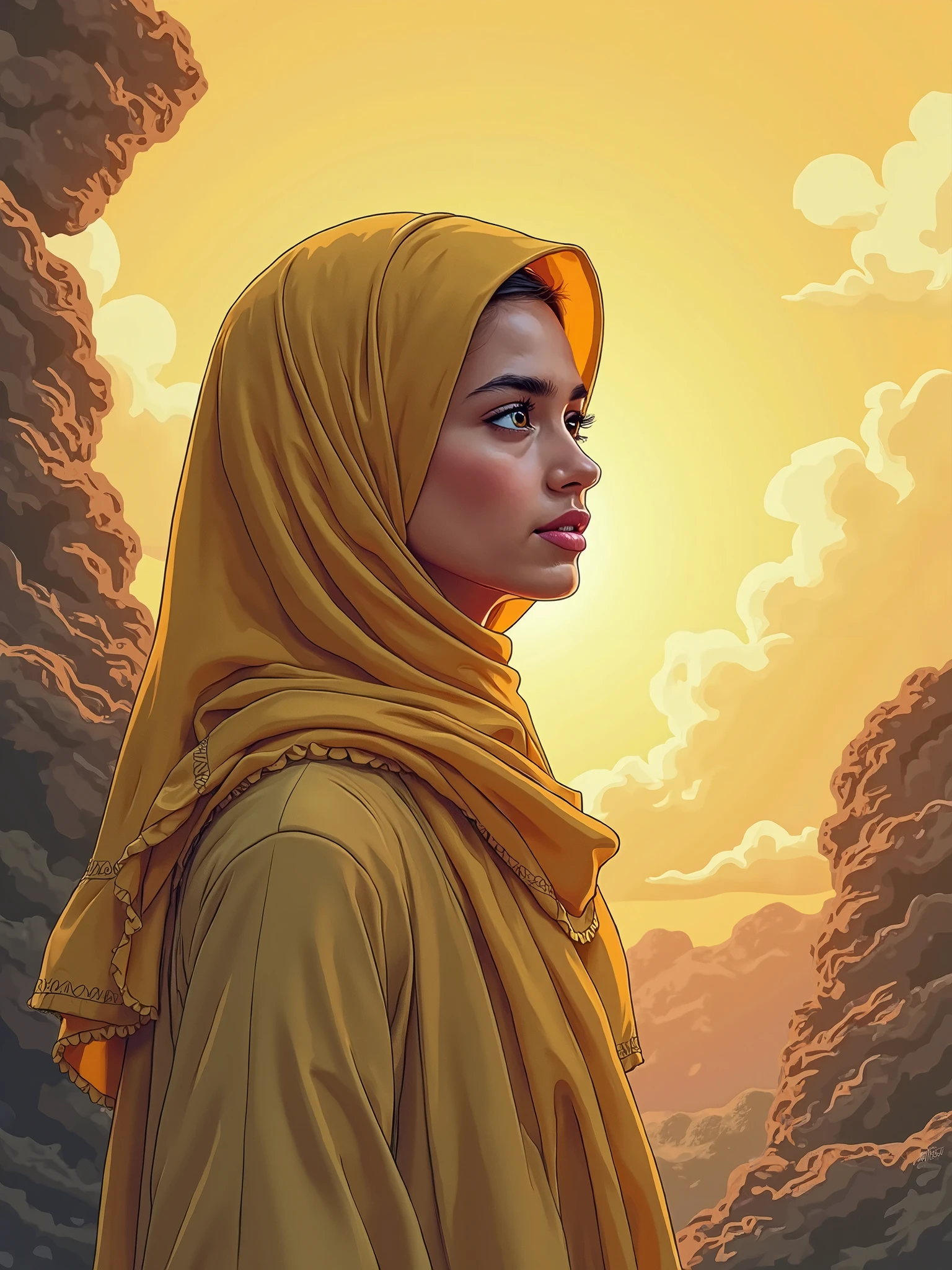masterpiece, best quality, movie still, 1 malay girl in hijab, cloud girl, floating in the sky, close-up, bright, happy, warm soft lighting, sunset, (sparks:0.7)