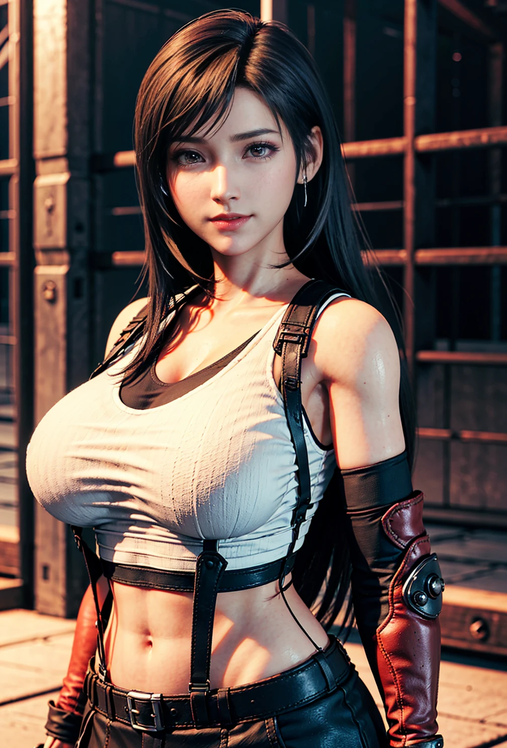 (realistic: 1.4), highest quality, very delicate and beautiful, High resolution, 1 girl, Tifa_lock heart, smile, cowboy shot, suspenders, low rise, mini skirt, Tank top, nervous shirt, black hair, long hair, elbow bag, beautiful detailed red eyes, face light, movie lighting, belly button, High exposure, exposure of the abdomen, rib, abs, big breasts, dynamic pose, dynamic angle, (abs:1.3), (muscular:1.5)