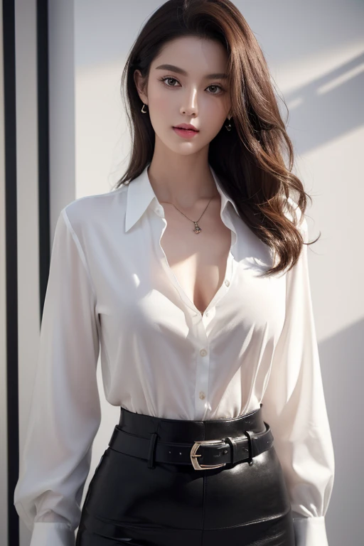 (Best quality, High resolution, Masterpiece :1.3), A Japanese lady, cute face, Slender abs, Dark brown hair styled in loose waves, Small breasts, Very thin waist, Wearing pendant, White button up shirt, Belt, Black skirt, (Modern architecture in background), Details exquisitely rendered in the face and skin texture, Detailed eyes, Double eyelid