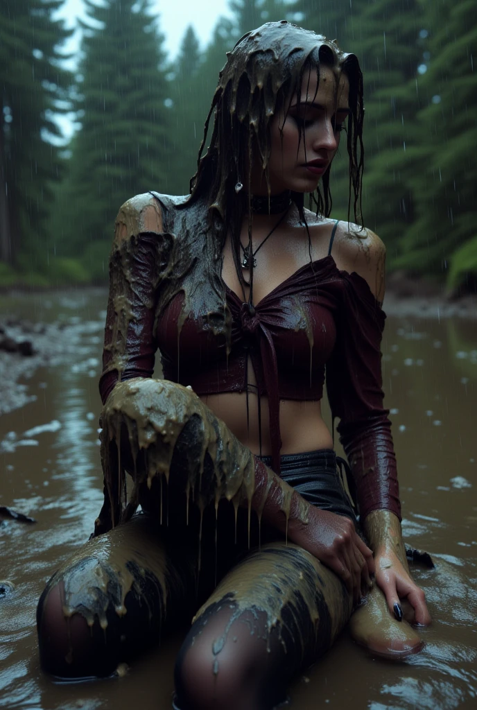 Hyperrealistische Fotografie, Frau hockend auf dem Boden, Ansicht von hinten, Slip mit String, high heels mit Schlamm verschmutzt, Schlammspritzer im Gesicht, die Gesichter sind mit Schlamm verschmiert, Slip mit String, Frau hockt Ansicht von hinten, 30-year-old women smeared with mud, Lena meyer Landrut, unterbrust corset weiß smeared with mud, riemchensandalette white high heels smeared with mud, Fishnet tights white smeared with mud, the entire body, schwarze lockige Haare mit Schlamm verschmiert, die Kleidung ist mit Schlamm verschmiert, High quality, realistische Beleuchtung, Bildmitte, 8K, HDR, BDSM, medium breast size, lange Beine, professionelle Fotografie einer Frau, natural skin texture smeared with a lot of mud, 4K-Texturen, Adobe Lightroom, Fotolabor, HDR, kompliziert, elegant, sehr detailliert, scharfer Fokus, wahnsinnige Details, komplizierte Details, hyperdetailliert, Helles Kinolicht, Außenatmosphäre, Kinn hochgezogen, (exponierter Bauch: 1,8 ), (Fernaufnahme), dominanter Gesichtsausdruck