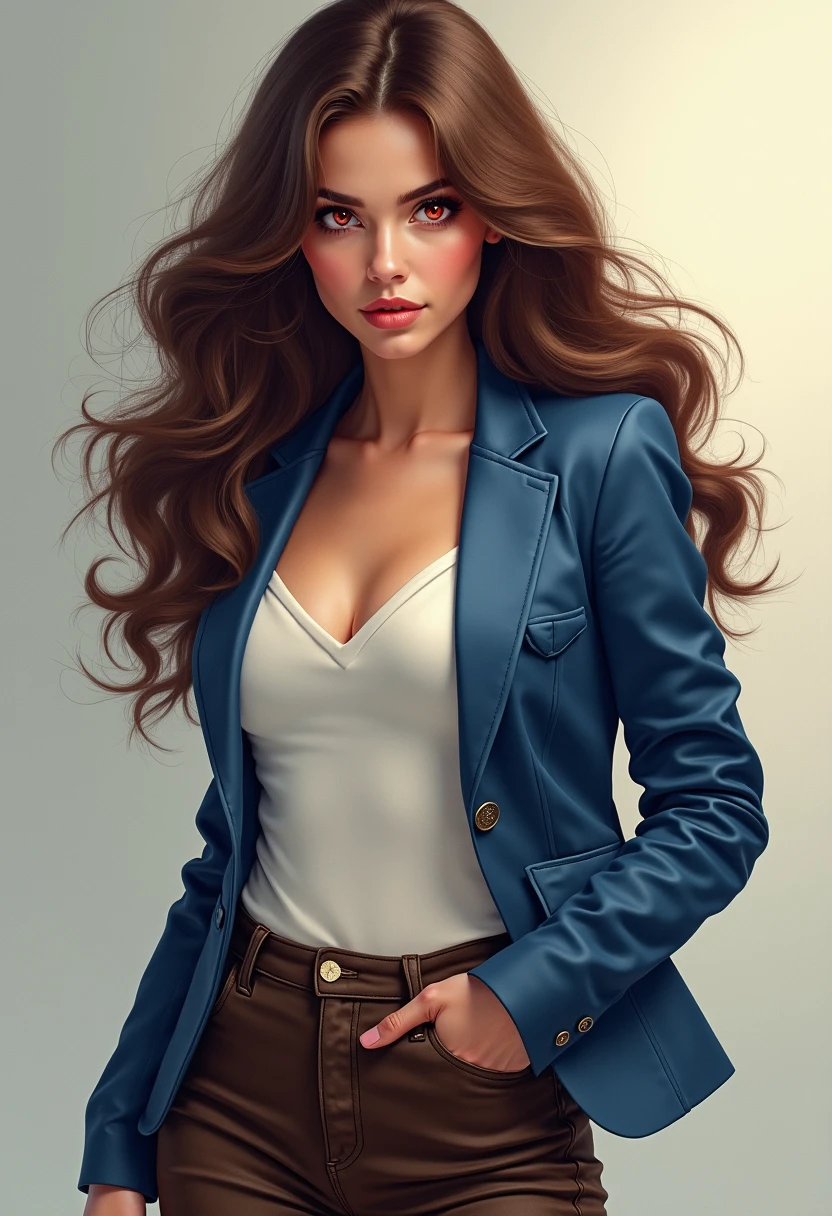 a woman with long hair and a jacket is posing for a picture, digital art of an elegant, elegant digital painting, realistic female portrait, high quality portrait, photorealistic artstyle, realistic artstyle, realistic portrait, by Emma Andijewska, realistic art, inspired by Emma Andijewska, realistic digital illustration, in style of digital painting, realistic digital art