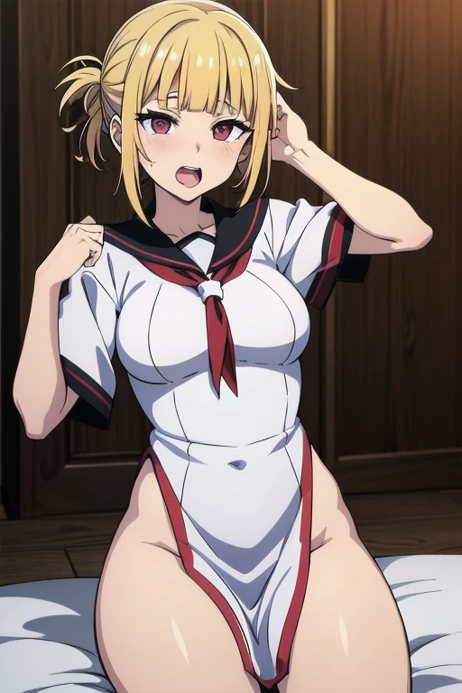 masterpiece, best quality, ultra-detailed, Potrait of beautiful , (chubby), (plump), (sexly), (Breasts), (Plump), (overweight), (Blonde), ((Saggy breasts)), (yellow eyes), ((thick)), (naked), (Nude), (Smelly body), (Sweaty body), (toga himiko), (belly button), (sauna), (Spread your legs wide), (Sitting), (Exhausted), (fullbody)