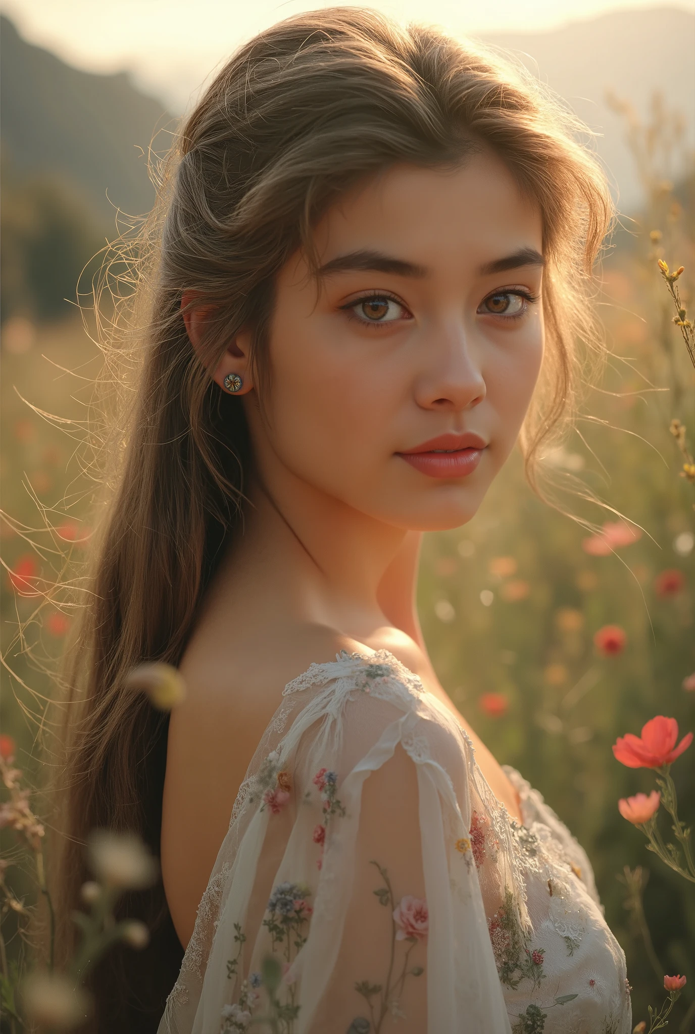 Beautiful Half Human Half God Girl,perfect face, big iridescent eyes,Clear White Skin,Elegant posture,mysterious expression,Natural landscape at dusk,golden hair,flower々Surrounded by,4K,8k,High Quality, super precise,stares at,physically-based rendering,EXTREMELY DETAILS,professional,Brilliant Colors,Bokeh