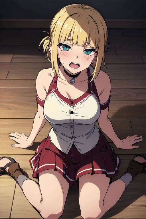 Seina Kashiwazaki, 1girl in, a blond, ponytail, butterfly hair ornament, (medium breast), (((blood on face, blushed, masseecare))), blood, sadistic girl, black latex shirt, sleeveless, latex skirt.